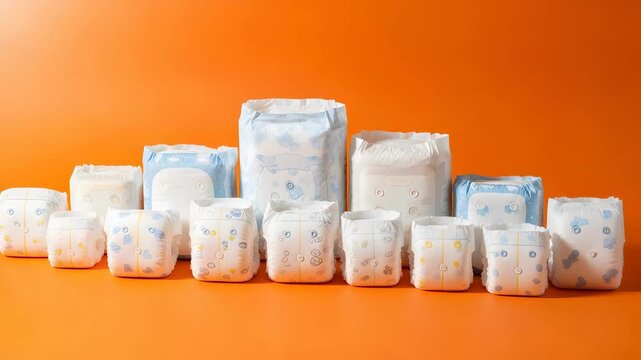 Assortment of Baby Diaper Packs in Various Sizes and Designs Featuring White Blue and Yellow Colors Against Orange Background