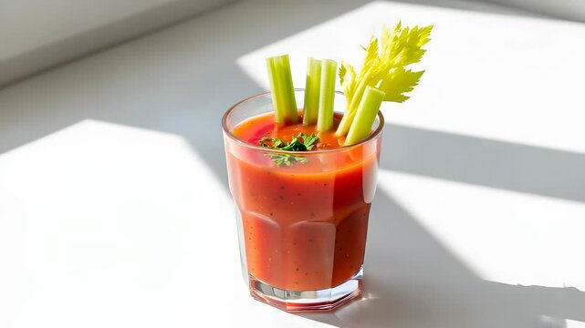 Bloody Mary Cocktail with Celery Garnishes on White Tabletop Under Bright Daylight Shadow