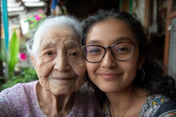 Granddaughter taking a selfie with her elderly grandmother, enjoying precious moments together and capturing memories, Generative AI