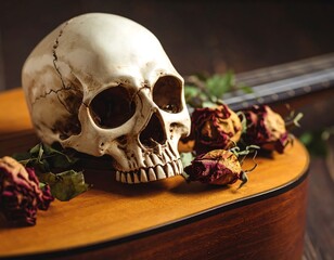 A human skull rests on a wooden guitar with dried roses