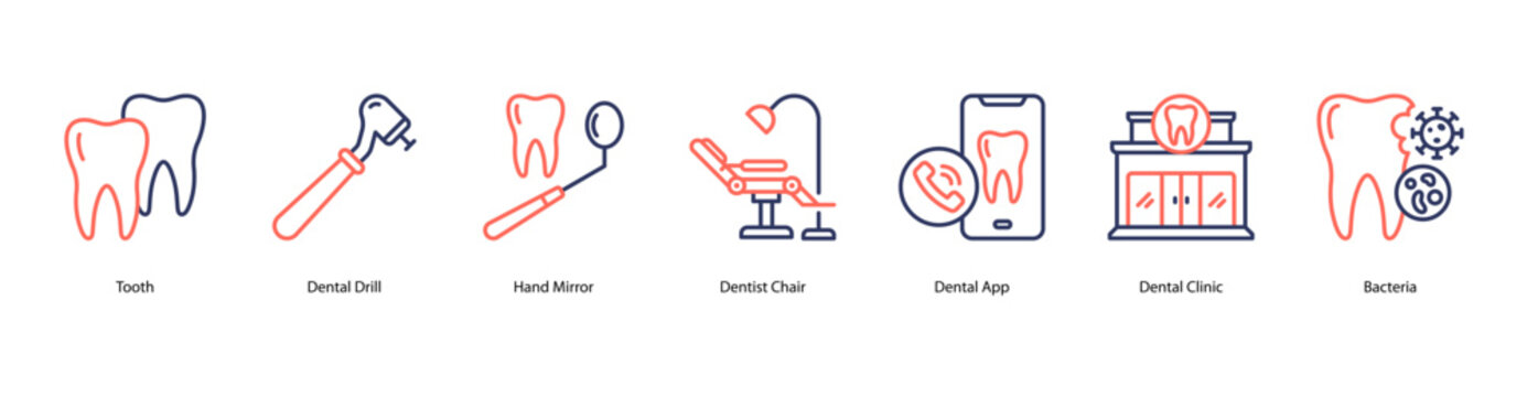 Dental clinic web banner icon vector illustration for Tooth, Dental Drill, Hand Mirror, Dentist Chair, Dental App, Dental Clinic, and Bacteria in a clinical environment.