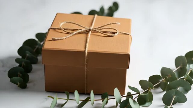 Brown Square Gift Box Tied With String on White Marble Surrounded By Eucalyptus Leaves
