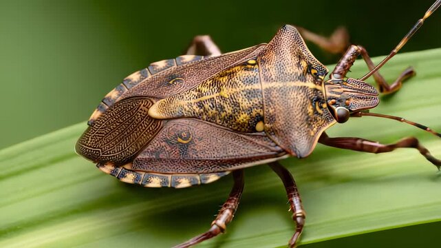 Brown Marmorated Stink Bug Close Up on Green Leaf in Detailed Macro