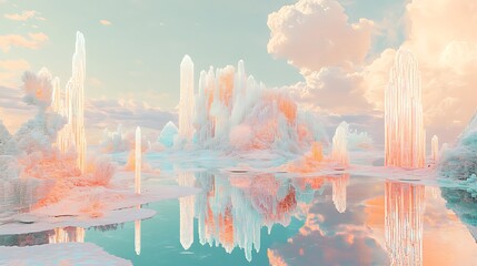 crystallized serenity with pastel tones and luminous forms for dreamscape ambiance ethereal calm visual harmony and surreal fantasy expression concept.