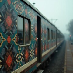 A vibrantly decorated train with intricate patterns sits on a misty overcast day