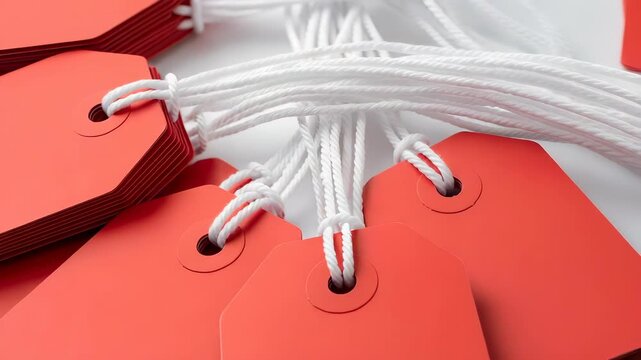 Close Up of Stacked Red Tags with White Strings on White Background