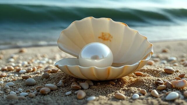 A pristine seashell with a lustrous pearl resting on sandy beach near gentle waves