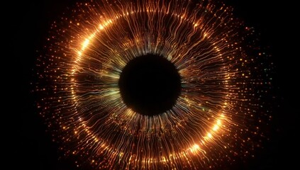 Golden sci-fi inspired circular eye, electric energy streams and pulsating light flares radiating from center resembling digital neural pathways or futuristic AI vision technology in cyber environment