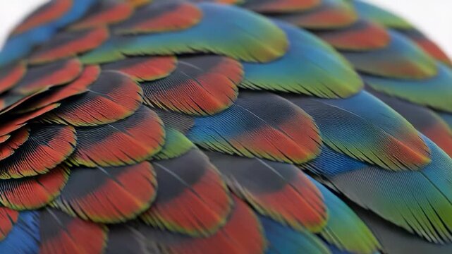Detailed Macro of Bird Feathers Showing Vibrant Red Green and Blue Colors