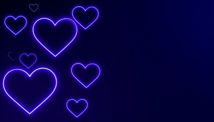 Glowing neon blue hearts scattered on dark blue background, leaving ample space