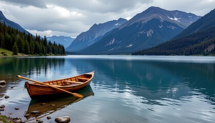 Obraz premium Serene Wooden Boat Tranquil Lake with Mountains