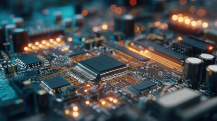 Close-up of a high-tech electronic circuit board with illuminated components and copper traces