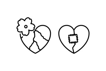 collection broken heart fix and relaxation thin line icon, valentine day concept, part heart glued with plaster together sign on white background, recovery relationship icon in outline style. 