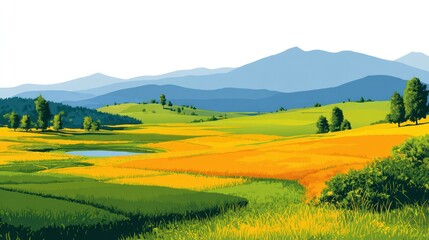 Obraz premium A vibrant landscape with fields, trees, a small lake, and mountains in the distance under a blue sky