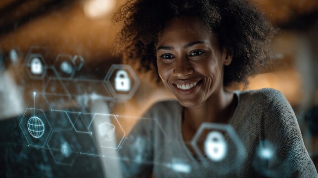 Smiling woman with curly hair looks at laptop with digital security icons