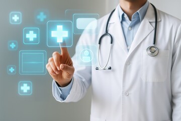 Healthcare provider operating digital health interface, secure, efficient, and modern approach to health information management. medical app, healthcare system, secure data, and doctor office.