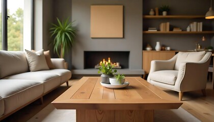 Wooden table living room cozy interior, created with generative ai