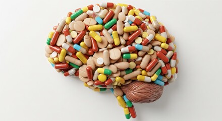 Brain Made of Colorful Pills: Mental Health, Neuroscience & Medication Concept, Assortment of Pills and Capsules Forming a Brain Shape, Psychiatric Medication, Pharmaceutical Brain