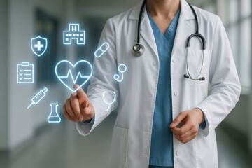 Healthcare provider operating digital health interface, secure, efficient, and modern approach to health information management. medical app, healthcare system, secure data, and doctor office.