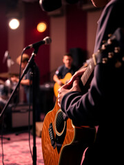 Obraz premium Closeup, guitar and music in studio for band, rehearsal and session to perform on stage, song and entertainment. Artist, recording and album for live at concert, loud with audio for audience.