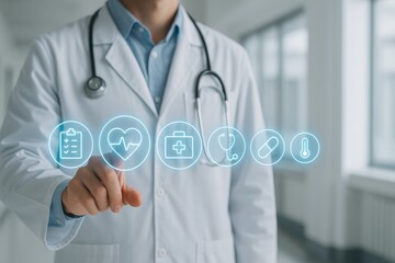 Healthcare provider operating digital health interface, secure, efficient, and modern approach to health information management. medical app, healthcare system, secure data, and doctor office.