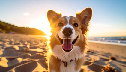 Happy dog on sandy beach at sunset, sunlit fur