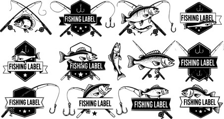 Obraz premium Set of Fishing labels design elements. Rods and fish icons. Design elements for logo, label, emblem, sign, badge. Vector illustration.