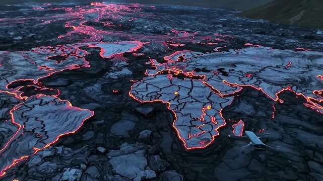 World map glowing lava landscape