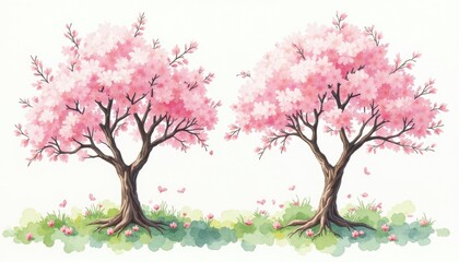 Obraz premium Elegant Watercolor Illustration of Two Blooming Sakura Trees with Falling Pink Petals