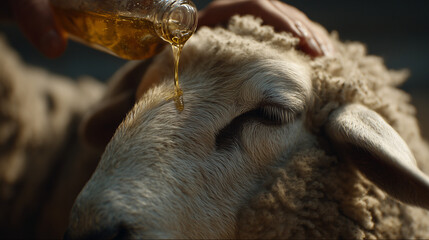 Blessing of Lamb: A close-up shot captures the essence of care as a hand gently anoints a lamb with oil. The scene evokes themes of gentleness and tenderness.
