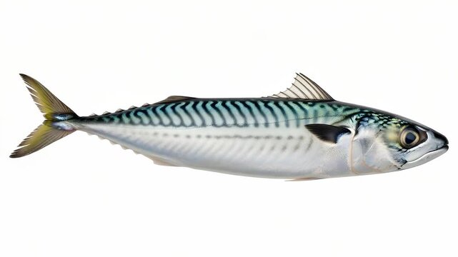 Isolated Mackerel Fish with Blue Stripes on Silver Scales on White Background