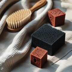 Natural grooming essentials including a wooden brush and artisanal soap bars on textured fabric