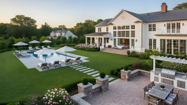 Luxury White House with Pool Garden and Stone Patio at Dusk with Green Lawn and Manicured Landscape Design