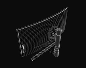 A sleek 3D wireframe model of a curved computer monitor with thin bezels, featuring a pen placed centrally on top. The black background emphasizes the modern design and clean lines.