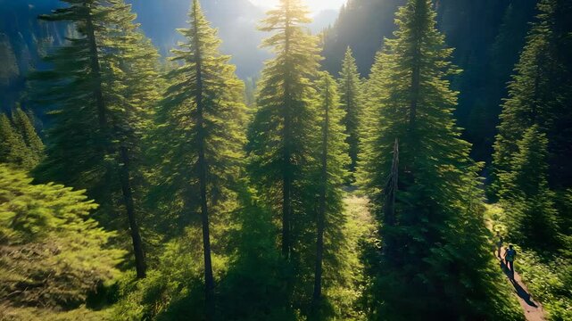 Majestic Bald Eagle and Eaglets Nestled High in Forest Canopy with Warm Sunlight on a Hiking Trail