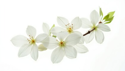 Fototapeta premium Delicate White Blossoms on a Branch with Vibrant Green Leaves Against a Clean White Background
