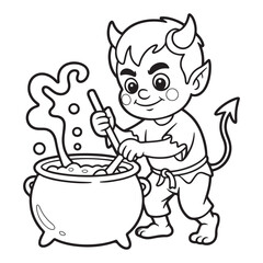 A cartoon devil stirring a cauldron with a wooden spoon