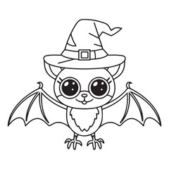 Cartoon bat wearing a witch hat outline style illustration
