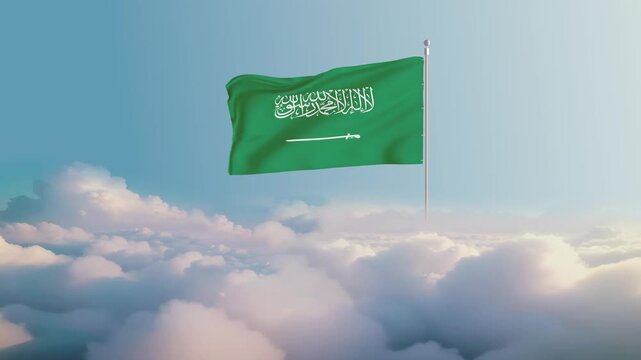 Saudi Arabia Flag on Tall Pole Waving Above Clouds &ndash; 4K Cinematic Animation