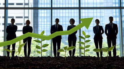 Team standing with green plants, symbolizing growth - Powered by Adobe