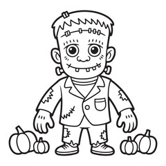 Cartoon frankenstein monster with pumpkins coloring page