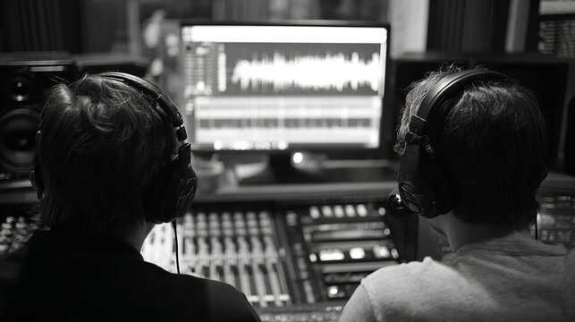 Two individuals, a male and a female, working intently in a recording studio, focused on audio editing.