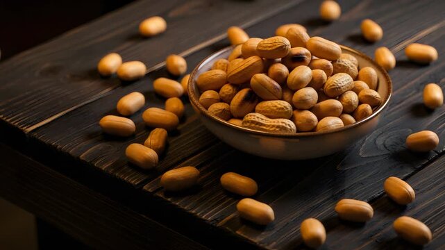 Peanuts Falling Into A Bowl On Textured Dark Wooden Table Under Dim Lighting