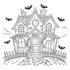 A spooky house with bats for halloween coloring page art