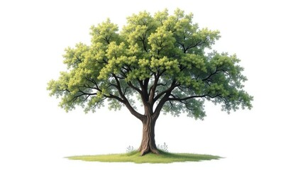 Stylized Illustration of a Grand Solitary Tree with a Lush Green Canopy on White