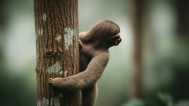 Portrait of a Brown Sloth Climbing a Tree Trunk Surrounded By Green Foliage