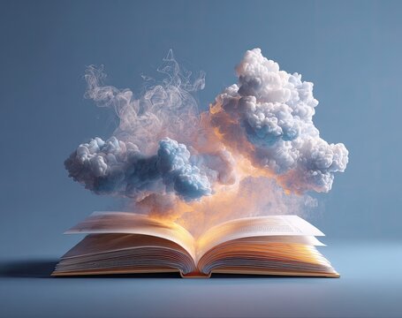 Open book with ethereal clouds