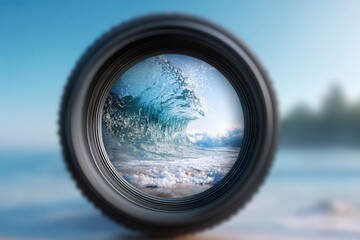 Fototapeta premium Ocean wave captured within a lens, offering a unique perspective on the beauty of the sea and coastal landscape.