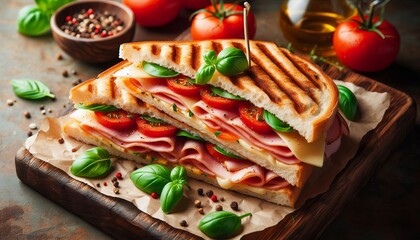 Panini Club Sandwich with Ham, Tomato, Cheese and Basil