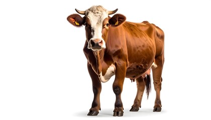 Brown and white cow standing with isolated on white background, and livestock farm animal.
